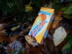 Cardboard beverage packaging in the forest.