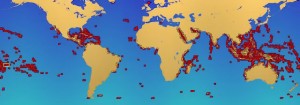 Locaties van koraalriffen in de wereld