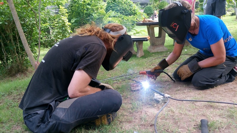 Welding the rebar for a leaf.